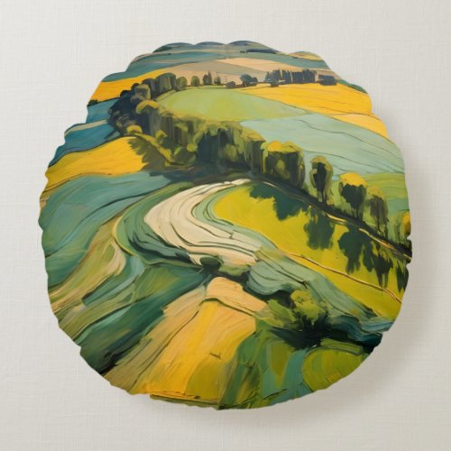 Abstraction Agricultural Area and Green Wavy Field Round Pillow