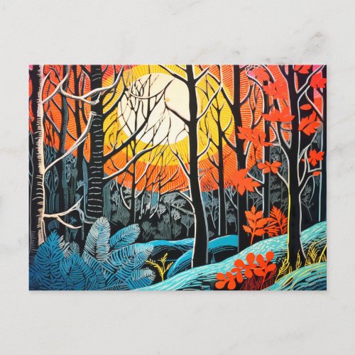 Abstraction in a Captivating Linocut forest winter Holiday Postcard