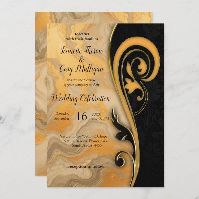 Abstracts Gold on Black & Mixed Marble Textures Invitation (Front/Back)
