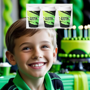 Abstrat Green & Black Personalized Name Sports Paper Cups