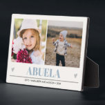 ABUELA Grandchildren 2 Photo BLUE GRAY HEARTS  Plaque<br><div class="desc">Create the perfect sweet keepsake for grandma or "mom just promoted to grandma" for Christmas or Grandparent's day with this amazing design using two (2) of your favorite photos and ABUELA appears along the bottom in delicate gray blue lettering with little gray hearts. Perfect gift idea to announce pregnancy with...</div>