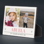 ABUELA Grandchildren 2 Photo PINK GRAY HEARTS   Plaque<br><div class="desc">Create the perfect sweet keepsake for grandma or "mom just promoted to grandma" for Christmas or Grandparent's day with this amazing design using two (2) of your favorite photos and ABUELA appears along the bottom in delicate CORAL PINK lettering with little gray hearts. Perfect gift idea to announce pregnancy with...</div>