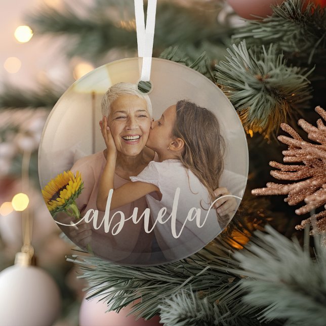Abuela Grandma Script Overlay Glass Ornament (Creator Uploaded)
