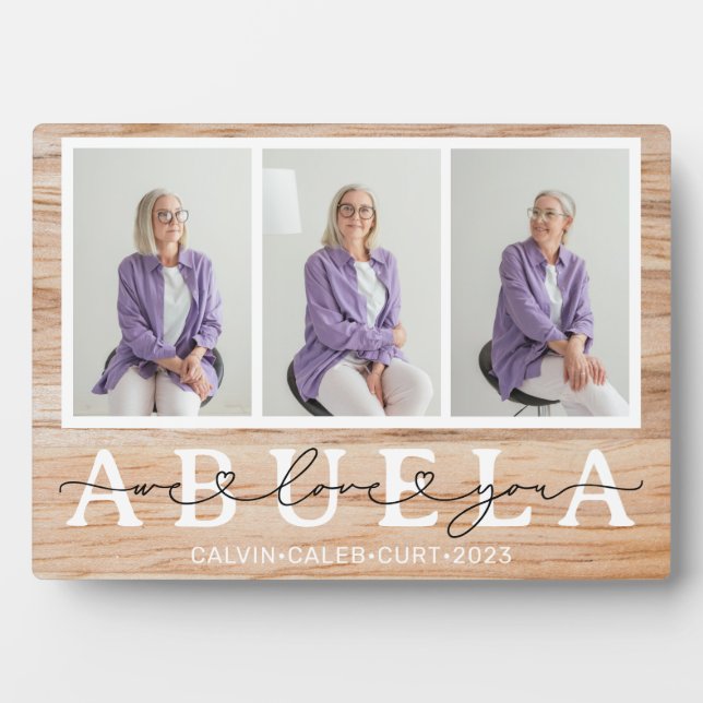 Abuela We Love You Heart Script 3 Photo Gift Plaque (Front)