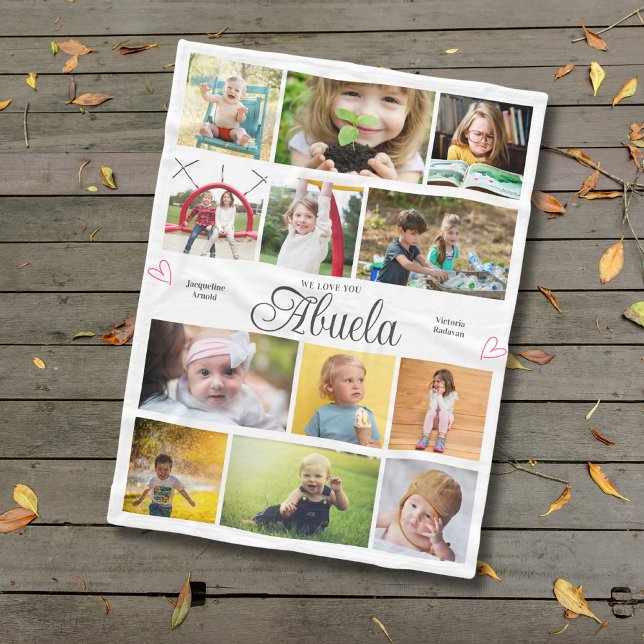 Abuela We Love You Personalized Hearts Fleece Blanket (Abuela fleece blanket with custom photos and text.)