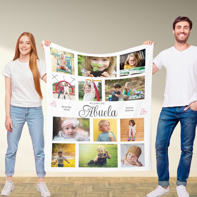 Abuela We Love You Personalized Hearts Modern Fleece Blanket (Abuela custom fleece blanket with favorite photos and custom text.)