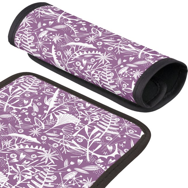Abundance Botanical Berry Luggage Handle Wrap (Modern botanical leaves foliage and flowers luggage handle wrap in berry purple )