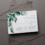 Abundant Foliage | B'nai Mitzvah Foil Invitation<br><div class="desc">Elegant b'nai mitzvah invitation features watercolor eucalyptus leaves and green foliage cascading from the upper left corner,  embellished with rose gold foil accents. Personalize with your temple ceremony and celebration details aligned at the right. Cards reverse to solid forest green.</div>