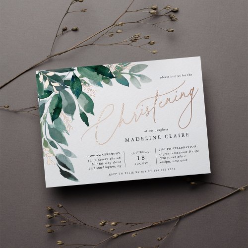 Abundant Foliage  Christening Foil Invitation