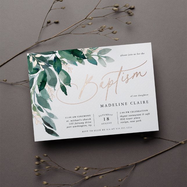 Abundant Foliage | Green Botanical Baptism Foil Invitation (Creator Uploaded)