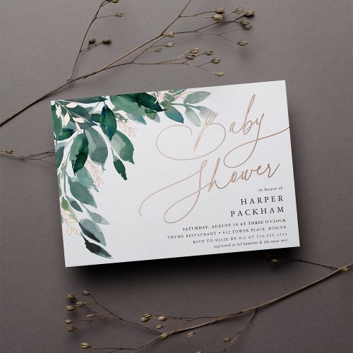 Abundant Foliage  Neutral Baby Shower Foil Invitation