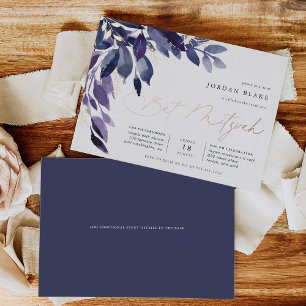 Abundant Foliage Violet Botanical Bat Mitzvah Foil Invitation