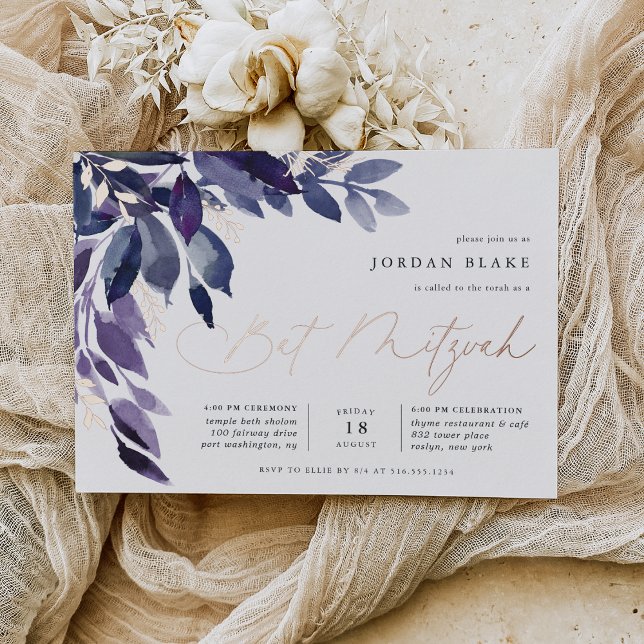 Abundant Foliage | Violet Botanical Bat Mitzvah Foil Invitation (Creator Uploaded)
