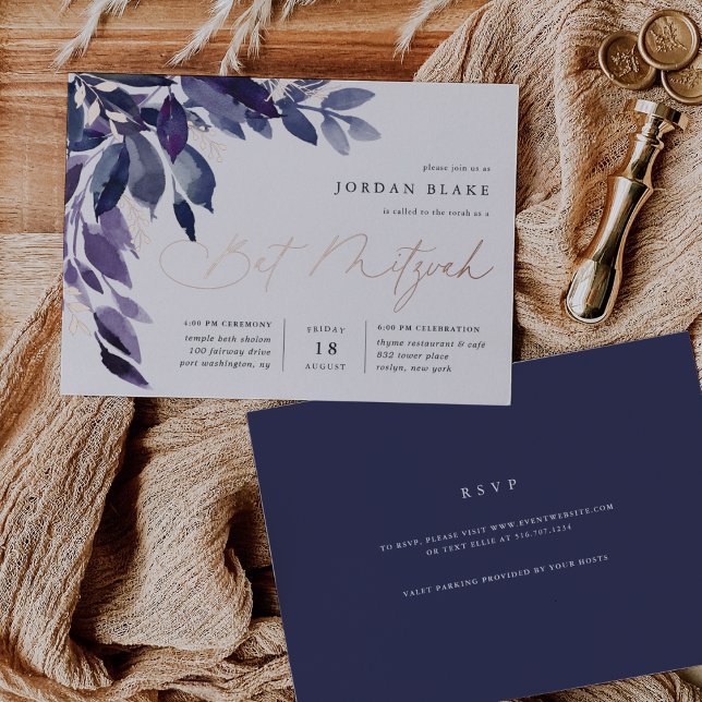 Abundant Foliage | Violet Botanical Bat Mitzvah Foil Invitation (Creator Uploaded)