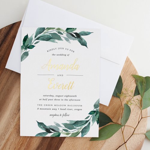 Abundant Foliage  Watercolor Greenery Wedding Foil Invitation