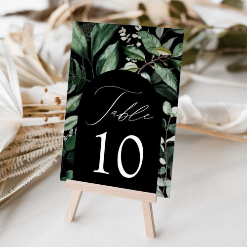 Abundant Greenery Arch Black Wedding Table Number