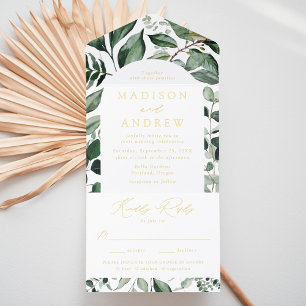 Abundant Greenery Arch Frame Foil Wedding All In One Invitation