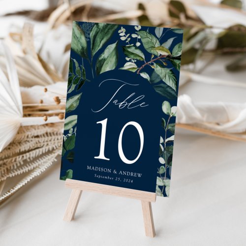 Abundant Greenery Arch Navy Personalized Wedding Table Number