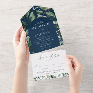 Abundant Greenery Arch Navy Wedding All In One Invitation