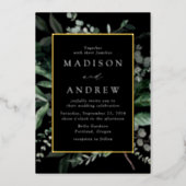 Abundant Greenery Black and Gold Frame Wedding Foil Invitation (Front)