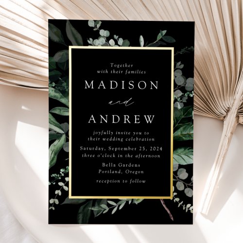 Abundant Greenery Black and Gold Frame Wedding Foil Invitation