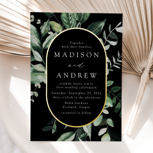 Abundant Greenery Black and Gold Oval Wedding Foil Invitation