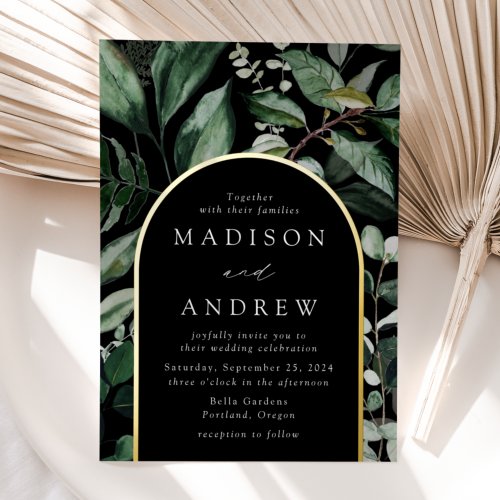 Abundant Greenery Black Arch Frame Wedding Foil Invitation