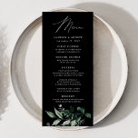Abundant Greenery Black Dinner Wedding Menu<br><div class="desc">Elegant wedding menu featuring "Menu" displayed in a modern calligraphy script with a bouquet of eucalyptus, fern, and other rich greenery shown below on a black background. Personalize the botanical wedding menu with your names, wedding date, and dinner menu. The simple wedding menu reverses to a solid black background with...</div>