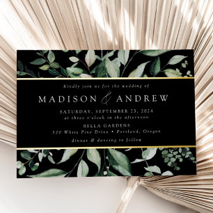 Abundant Greenery Black Wedding Gold Foil Invitation