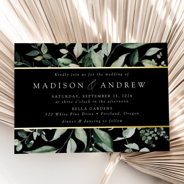 Abundant Greenery Black Wedding Gold Foil Invitation (Creator Uploaded)