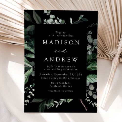 Abundant Greenery Black Wedding Invitation
