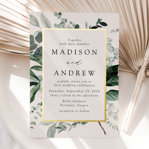 Abundant Greenery Cream and Gold Frame Wedding Foil Invitation