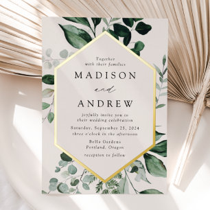 Abundant Greenery Cream and Gold Frame Wedding Foil Invitation