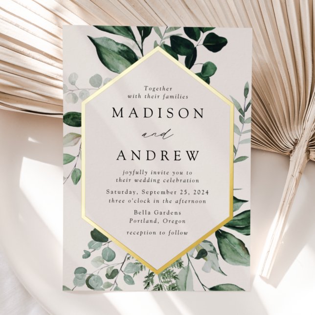 Abundant Greenery Cream and Gold Frame Wedding Foil Invitation (Creator Uploaded)
