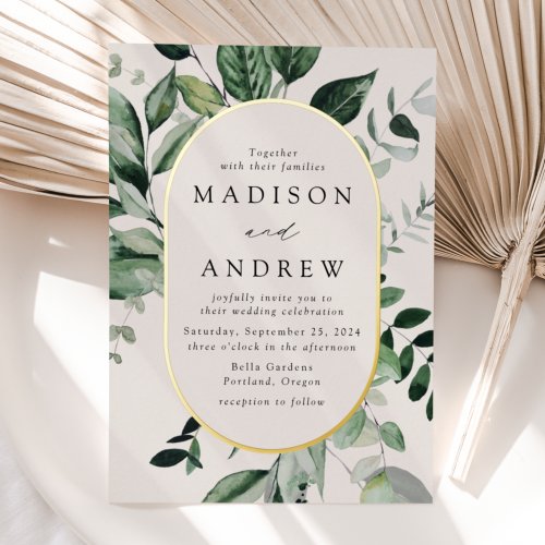 Abundant Greenery Cream and Gold Oval Wedding  Foil Invitation