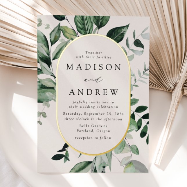 Abundant Greenery Cream and Gold Oval Wedding  Foil Invitation (Creator Uploaded)