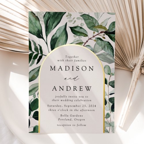 Abundant Greenery Cream Arch Frame Wedding Foil Invitation