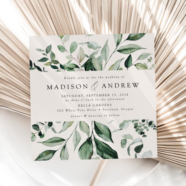 Abundant Greenery Cream Square Wedding Invitation (Creator Uploaded)
