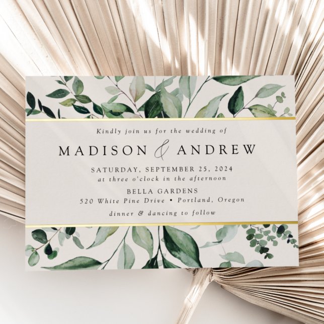 Abundant Greenery Cream Wedding Gold Foil Invitation (Creator Uploaded)