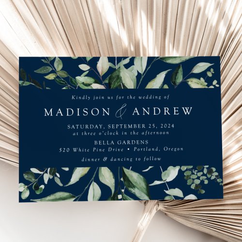 Abundant Greenery Frame Navy Wedding Invitation