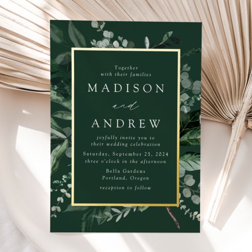 Abundant Greenery Frame Wedding Gold Foil Invitation