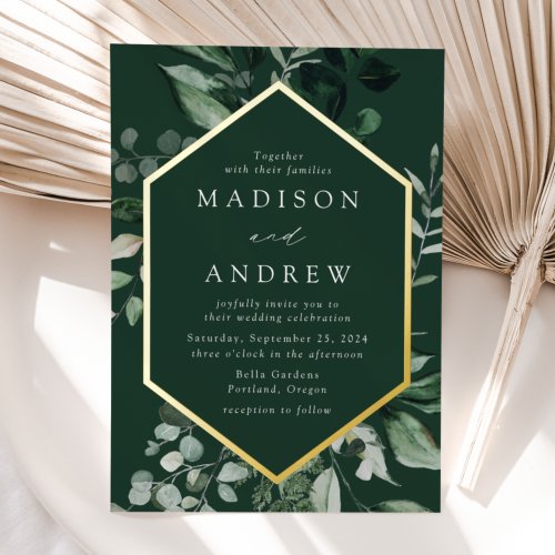 Abundant Greenery Frame Wedding Gold Foil Invitation