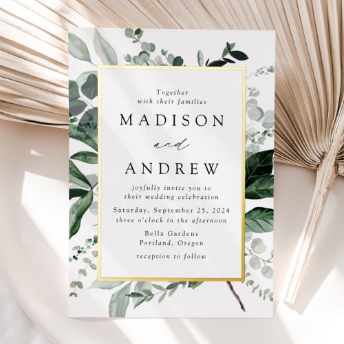 Abundant Greenery Gold Frame Wedding Foil Invitation
