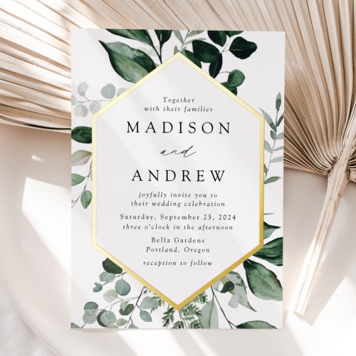 Abundant Greenery Gold Frame Wedding Foil Invitation