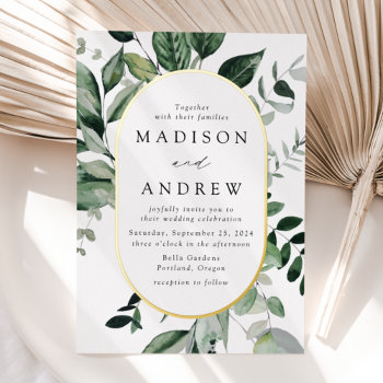 Abundant Greenery Gold Oval Frame Wedding Foil Invitation by latebloom at Zazzle