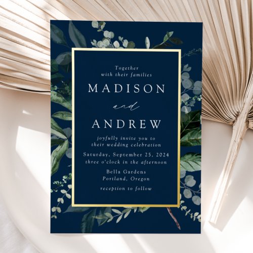 Abundant Greenery Navy and Gold Frame Wedding Foil Invitation