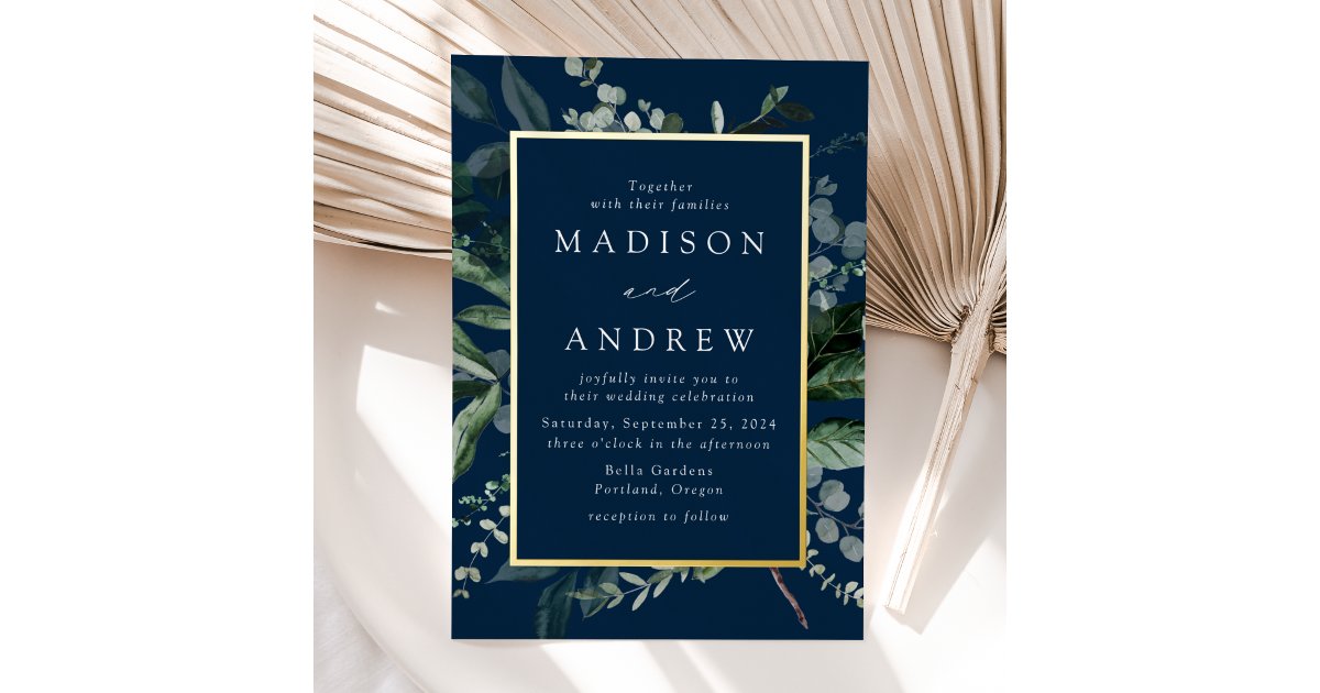 Abundant Greenery Navy and Gold Frame Wedding Foil Invitation | Zazzle
