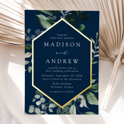 Abundant Greenery Navy and Gold Frame Wedding  Foil Invitation