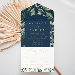Abundant Greenery Navy Arch Frame Foil Wedding All In One Invitation