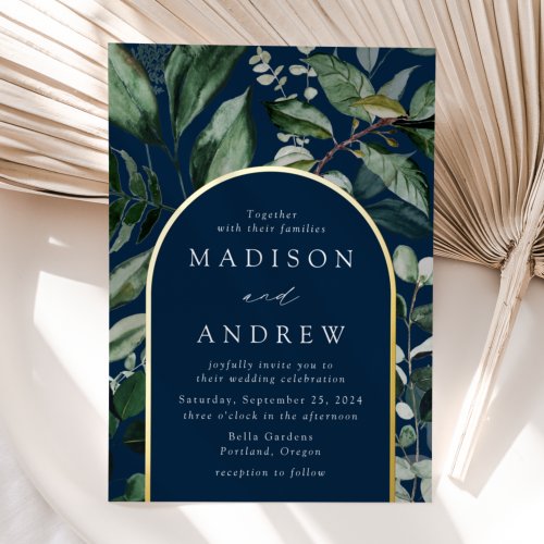 Abundant Greenery Navy Arch Frame Wedding Foil Invitation